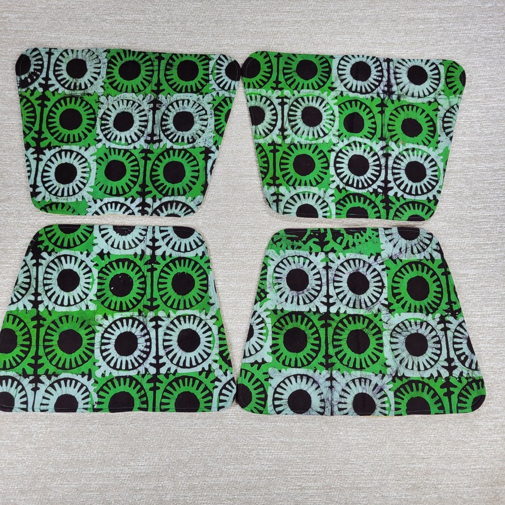 Handmade Batik Placemats Set of 4 Green Black Gold Geometric Sunburst Cotton